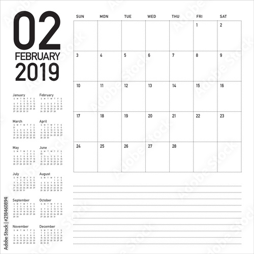 February 2019 desk calendar vector illustration