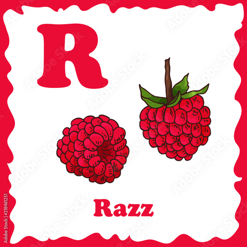 Vector fruit alphabet for education. Illustration for kids. Letter R for Razz