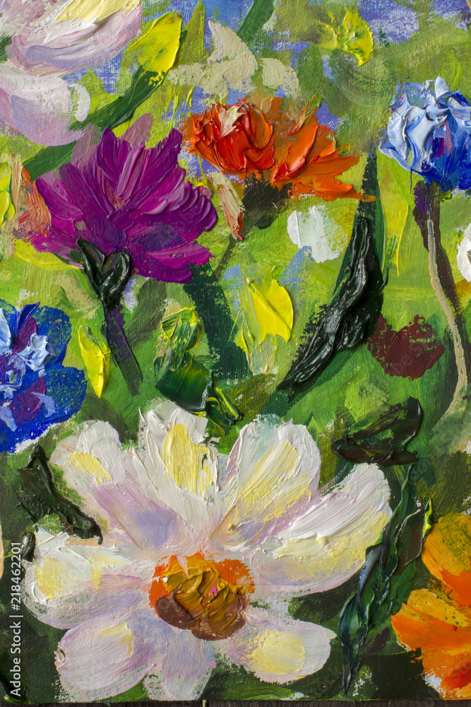 Obraz Oryginalny ręcznie abstrakcyjny obraz olejny jasne kwiaty wykonane szpachlą. Czerwone, żółte, niebieskie, fioletowe kwiaty abstrakcyjne. Makro malowanie impastem.