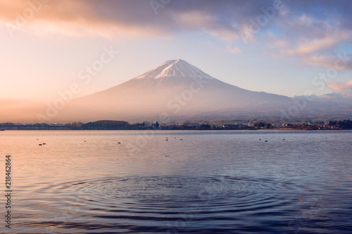 Volcano mount Fuji colorful sunrise with ripple wave