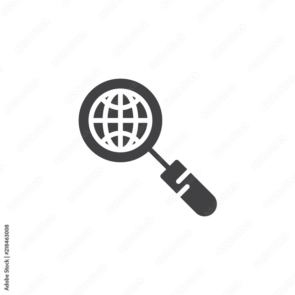 Global search vector icon. filled flat sign for mobile concept and web design. Magnifier glass with globe simple solid icon. Symbol, logo illustration. Pixel perfect vector graphics Global search vector icon. filled flat sign for mobile concept and web design. Magnifier glass with globe simple solid icon. Symbol, logo illustration. Pixel perfect vector graphics