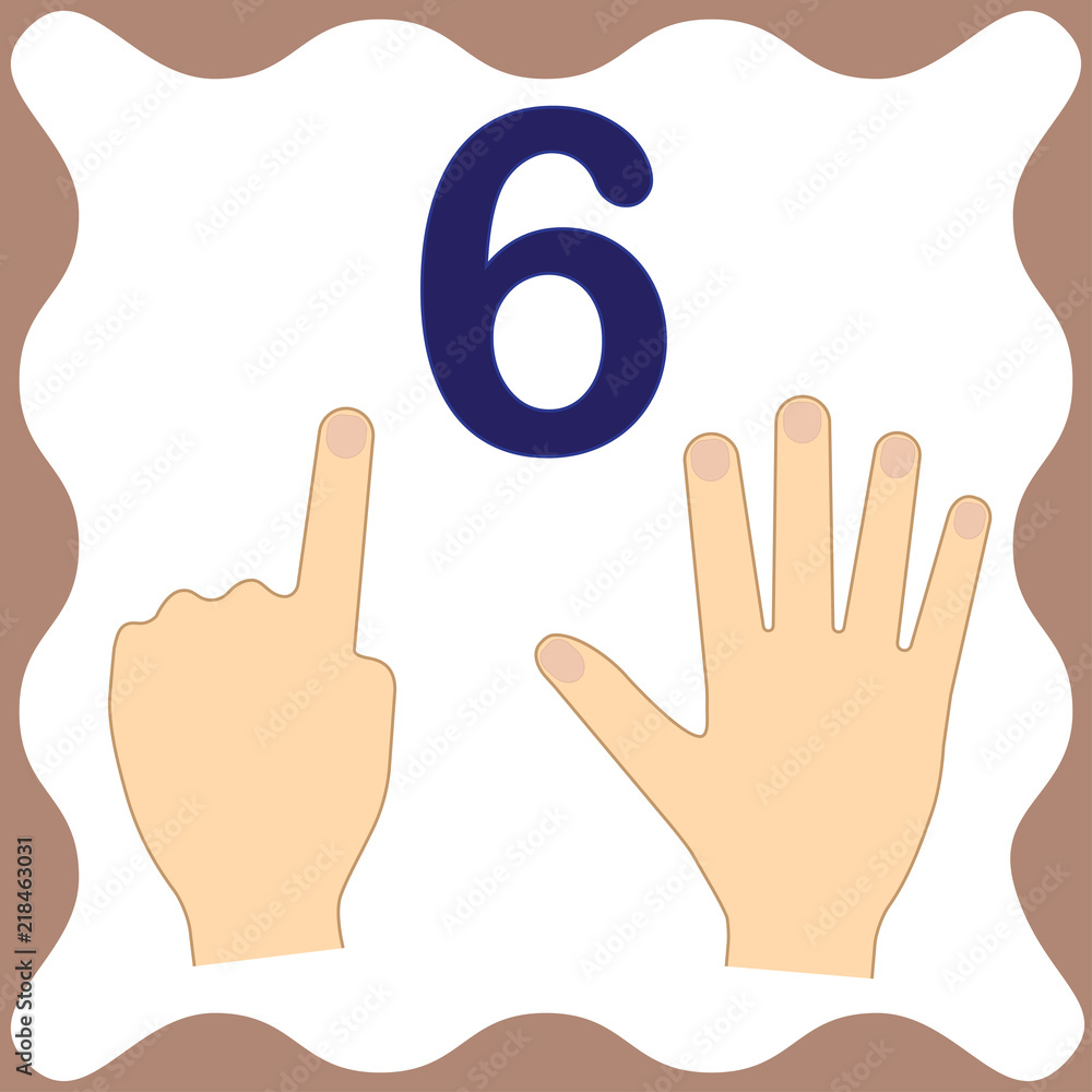 Number 6 (six), educational card, learning counting with fingers of hand, mathematics. Vector illustration. Number 6 (six), educational card, learning counting with fingers of hand, mathematics. Vector illustration.