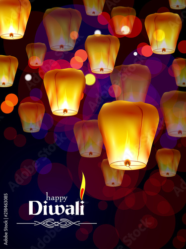 Decorated Floating sky lamp for Happy Diwali festival holiday celebration of India greeting background