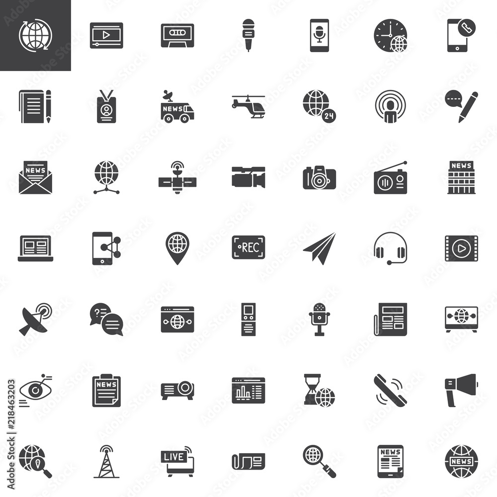 Vecteur Stock News and journal vector icons set, modern solid symbol  collection, filled style pictogram pack. Signs, logo illustration. Set  includes icons as Microphone, Press card, Newsletter, Dictaphone, Podcast |  Adobe Stock