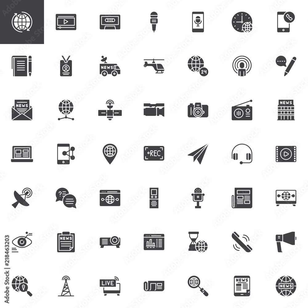 News and journal vector icons set, modern solid symbol collection, filled style pictogram pack. Signs, logo illustration. Set includes icons as Microphone, Press card, Newsletter, Dictaphone, Podcast News and journal vector icons set, modern solid symbol collection, filled style pictogram pack. Signs, logo illustration. Set includes icons as Microphone, Press card, Newsletter, Dictaphone, Podcast