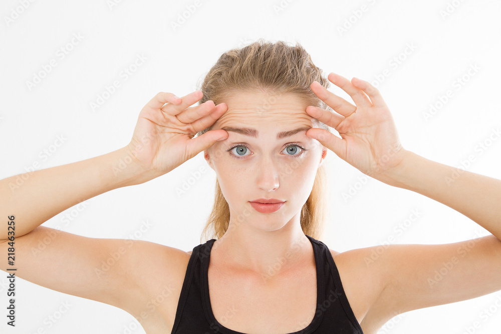 Macro wrinkles on woman forehead. Skin care concept. Copy space Macro wrinkles on woman forehead. Skin care concept. Copy space