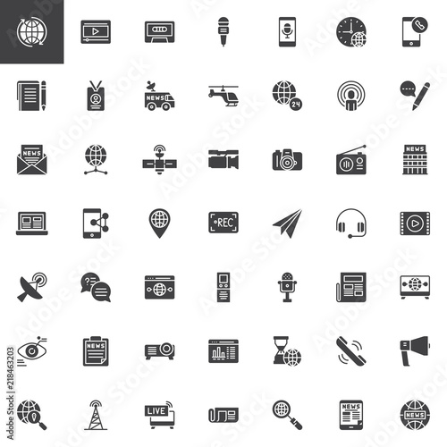 News and journal vector icons set, modern solid symbol collection, filled style pictogram pack. Signs, logo illustration. Set includes icons as Microphone, Press card, Newsletter, Dictaphone, Podcast