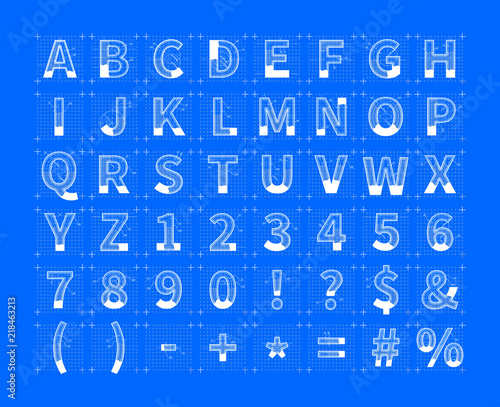 White architectural sketches of english alphabet on blue. Blueprint style font on blue
