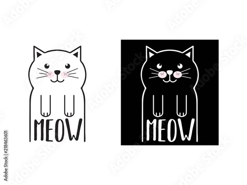 Vector funny cartoon cat. Print for t-shirt. Illustration with flat cat. Meow