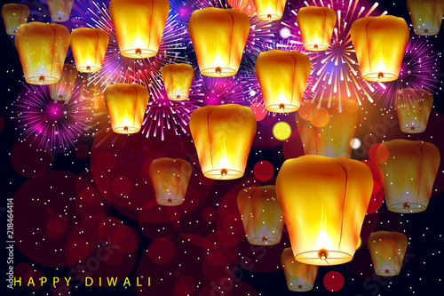 Decorated Floating sky lamp for Happy Diwali festival holiday celebration of India greeting background