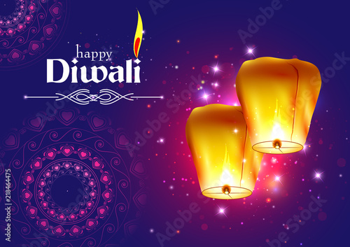 Decorated Floating sky lamp for Happy Diwali festival holiday celebration of India greeting background