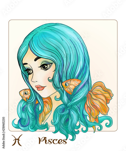 Pisces. A young beautiful girl In the form of one of the signs of the zodiac.