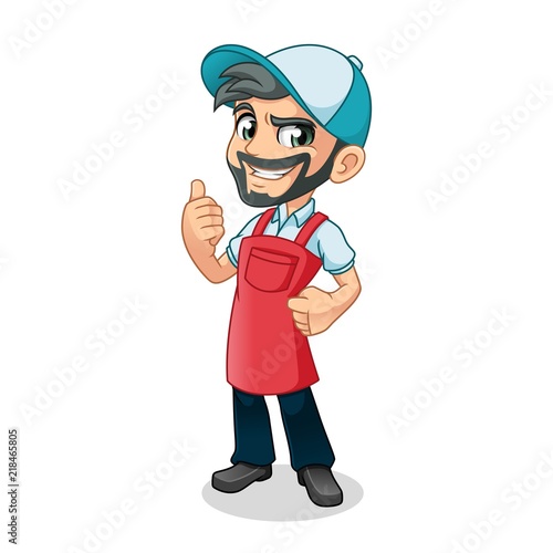 Man thumbs up with car wash apron mascot cartoon character design vector illustration