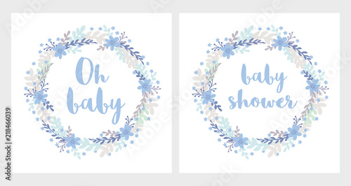 Baby Shower Vector Card. Oh Baby. Hand Drawn Brush Style Floral Vector Wreath Set. Blue Flowers and Letters. Pastel Colors. White Background. Soft Infantile Design.