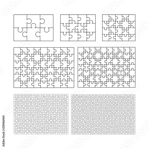 Large set of white puzzles pieces in rectangle shape. Jigsaw Puzzle template ready for print. Cutting guidelines isolated on white