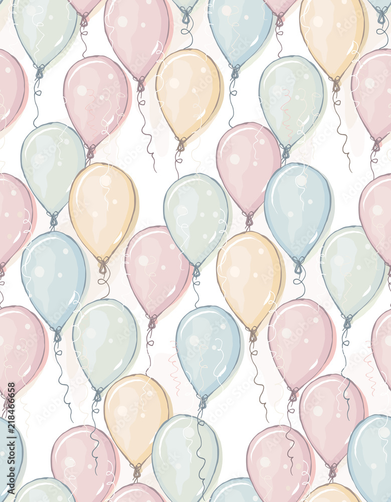 Hand Drawn Balloons Vector Pattern. Pastel Colors. Watercolor Style Design.  Flying Balloons. Pink, Blue, Yellow and Gree Mint Balloons. White  Background. Stock Vector | Adobe Stock