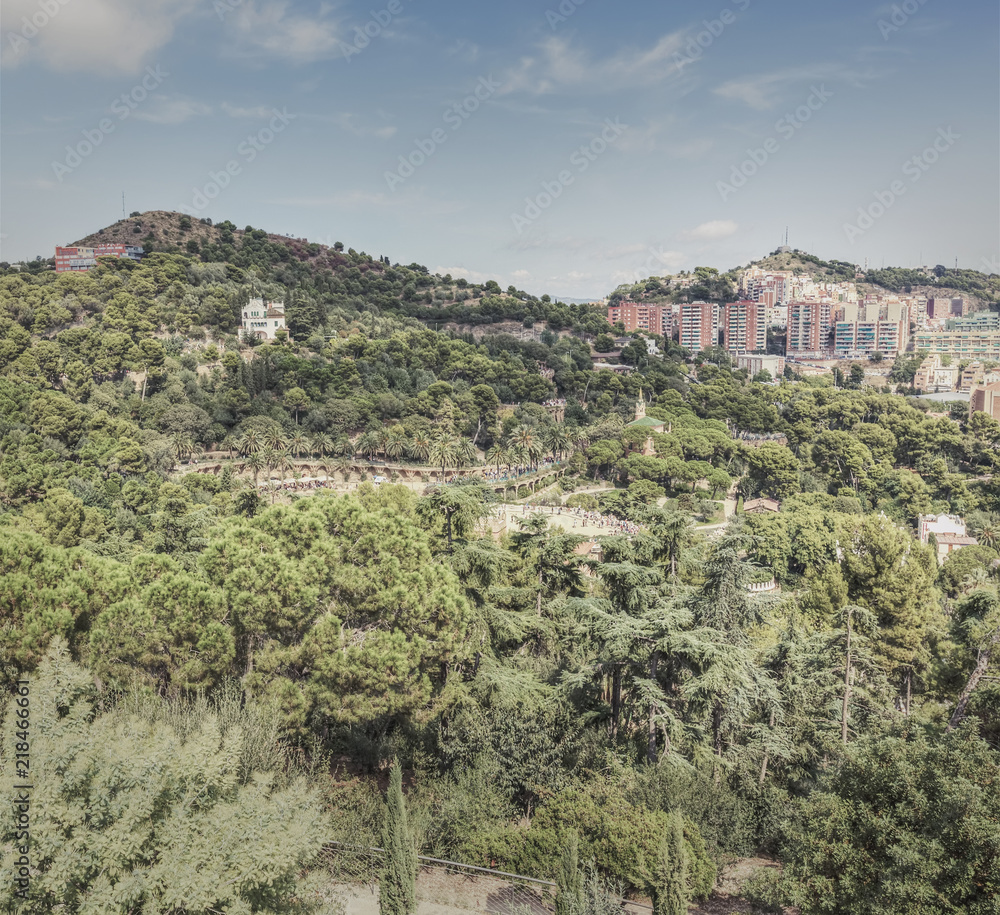 Mountain view from Park Guell in Barcelona, Spain