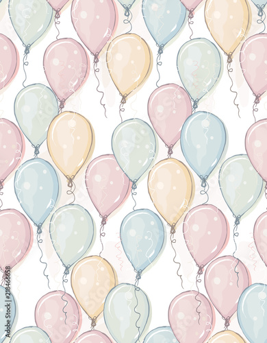Hand Drawn Balloons Vector Pattern. Pastel Colors. Watercolor Style Design. Flying Balloons. Pink, Blue, Yellow and Gree Mint Balloons. White Background.