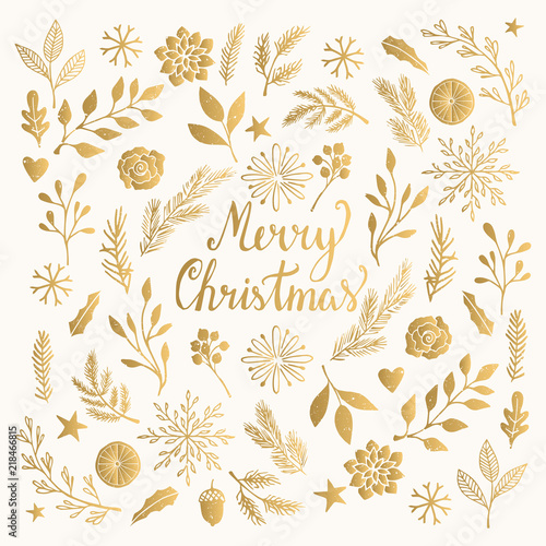 Christmas card with winter plants, flowers, branches. Elegant vintage pattern.