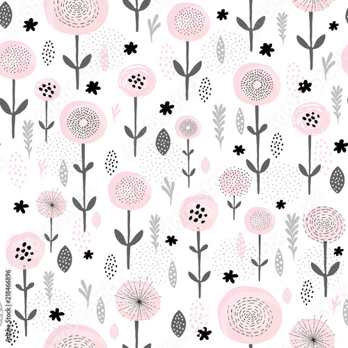 Abstract Floral Vector Pattern. Round Brushed Pink Flowers With Black Elements. Black and Grey Branches  Leaves and Twigs. White Background.