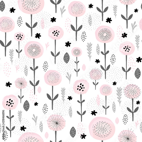 Abstract Floral Vector Pattern. Round Brushed Pink Flowers With Black Elements. Black and Grey Branches, Leaves and Twigs. White Background.