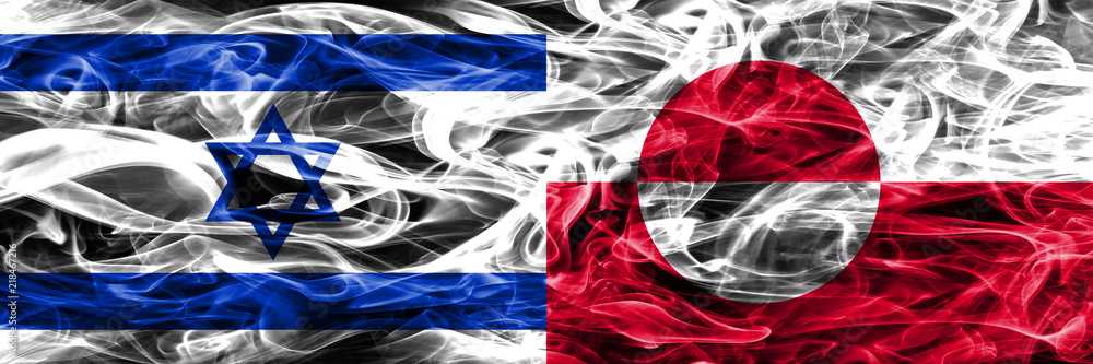 Israel vs Greenland smoke flags placed side by side. Israeli and Greenland flag together Israel vs Greenland smoke flags placed side by side. Israeli and Greenland flag together