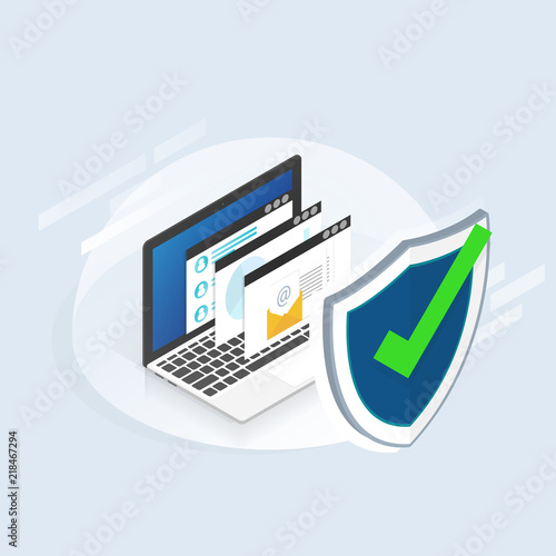 isometric computer laptop security protect shield vector