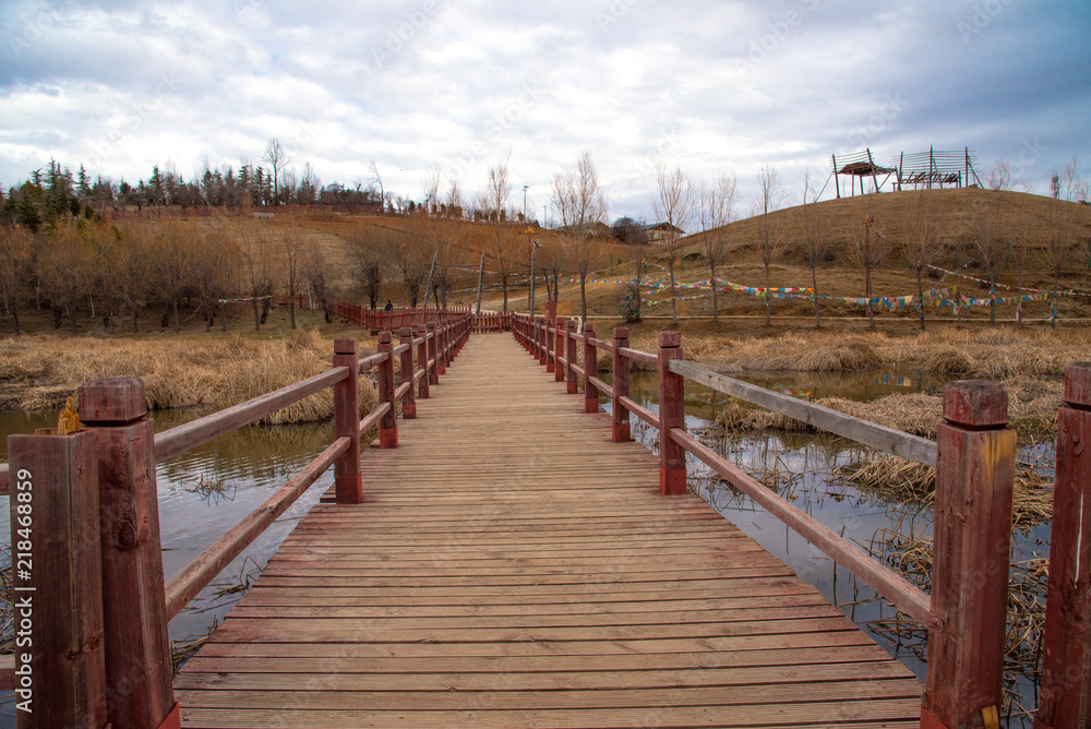 Long wooden bridge crossing over and path to slope grass