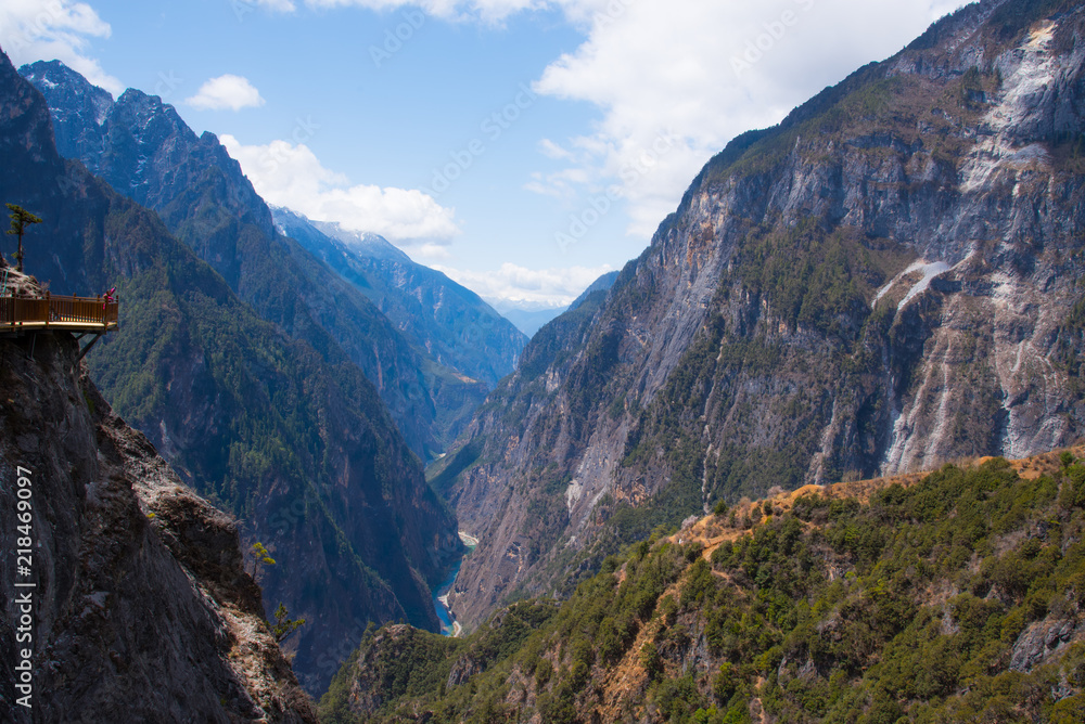 Fototapeta premium Landscape view of Balagezong national park in Shangri-la, China, view from top of mountains, beautiful place for travel, the bottom is big river