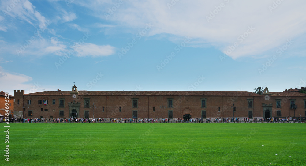 Pisa,Italy-July 26, 2018:  People walk along Sinopie museum or Museo delle Sinopie, Pisa