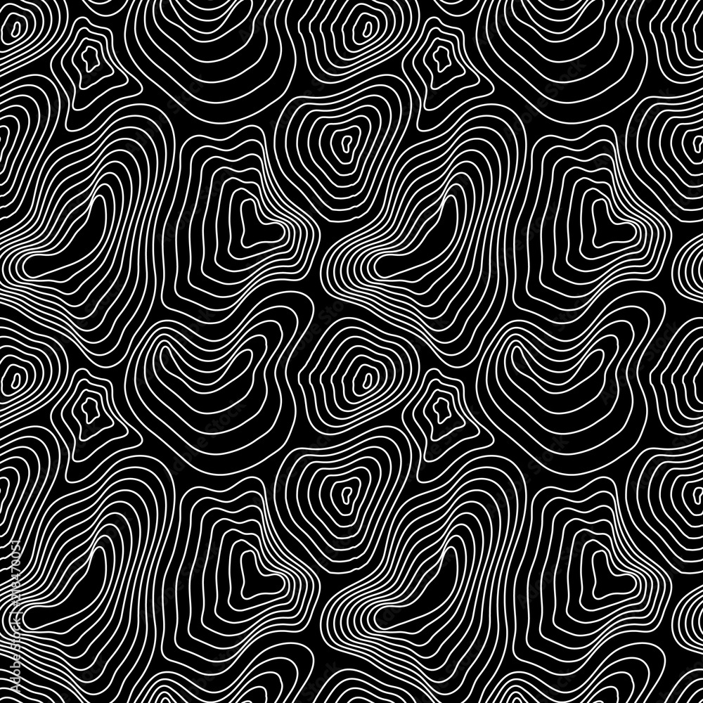 Fototapeta premium Heights map, white contour on black, seamless pattern