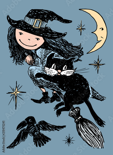A witch with her cat flies on a broomstick on Halloween night