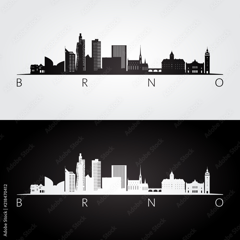 Brno skyline and landmarks silhouette, black and white design, vector illustration.