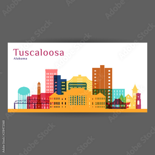Tuscaloosa city architecture silhouette. Colorful skyline. City flat design. Vector business card.