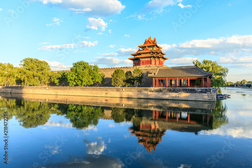Watchtower of Forbidden City at dusk Beijing China