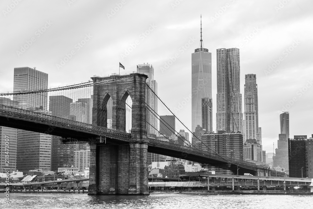 Brooklyn Bridge and Manhattan skyline in black and white, New York