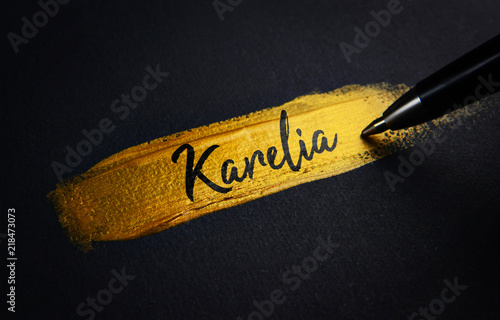Karelia Handwriting Text on Golden Paint Brush Stroke