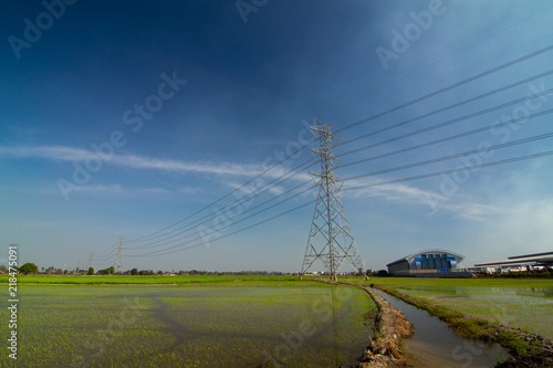 High voltage tower blue sky background. © AlexPhototest