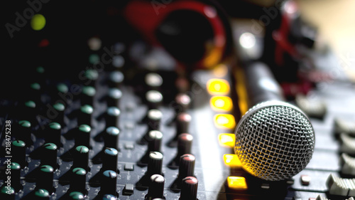 Microphones and audio mixers at the recording studio.Selective focus .