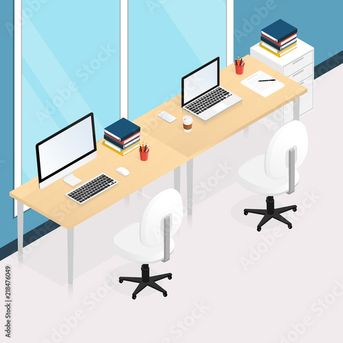 isometric office work place laptop vector