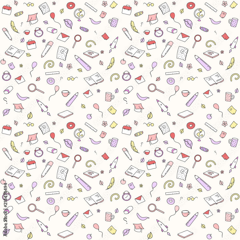 Funny seamless pattern with school supplies and creative elements. Back to school background. Hand drawn vector doodle Funny seamless pattern with school supplies and creative elements. Back to school background. Hand drawn vector doodle