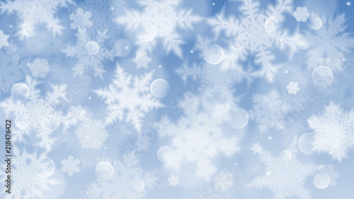 Christmas illustration with white blurred snowflakes, glare and sparkles on light blue background