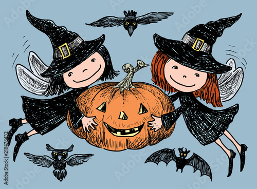 Vector image of merry elves with Halloween pumpkin