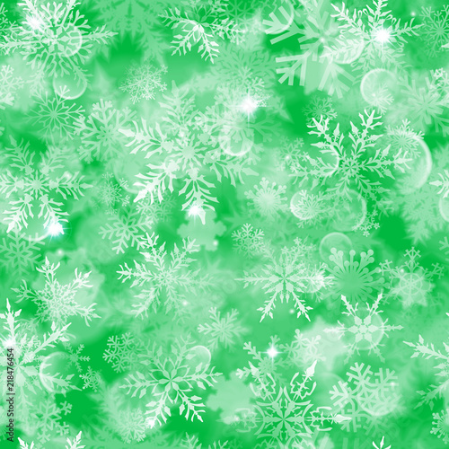 Christmas seamless pattern with white blurred snowflakes, glare and sparkles on green background