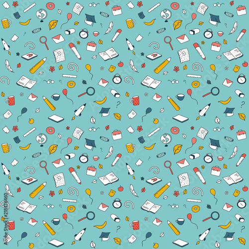 Funny seamless pattern with school supplies and creative elements. Back to school background. Hand drawn vector doodle