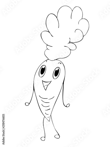 The happy carrot is smiling on the white background, vector coloring book