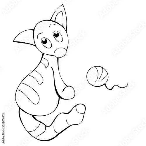 The cute kitty is sitting with clew on the white background, vector coloring book