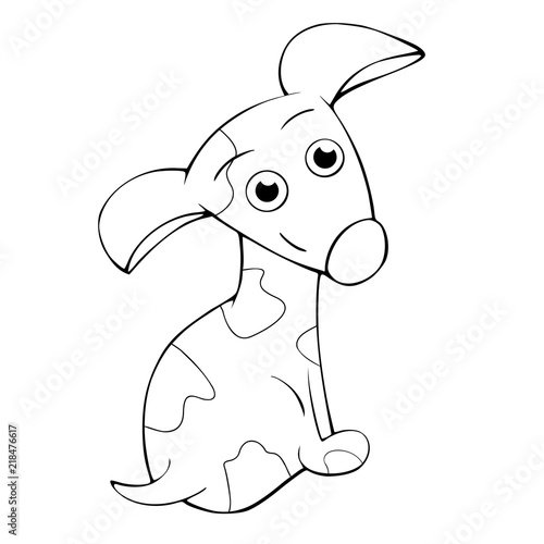 The cute puppy is sitting and smiling on the white bakcground, vector coloring book