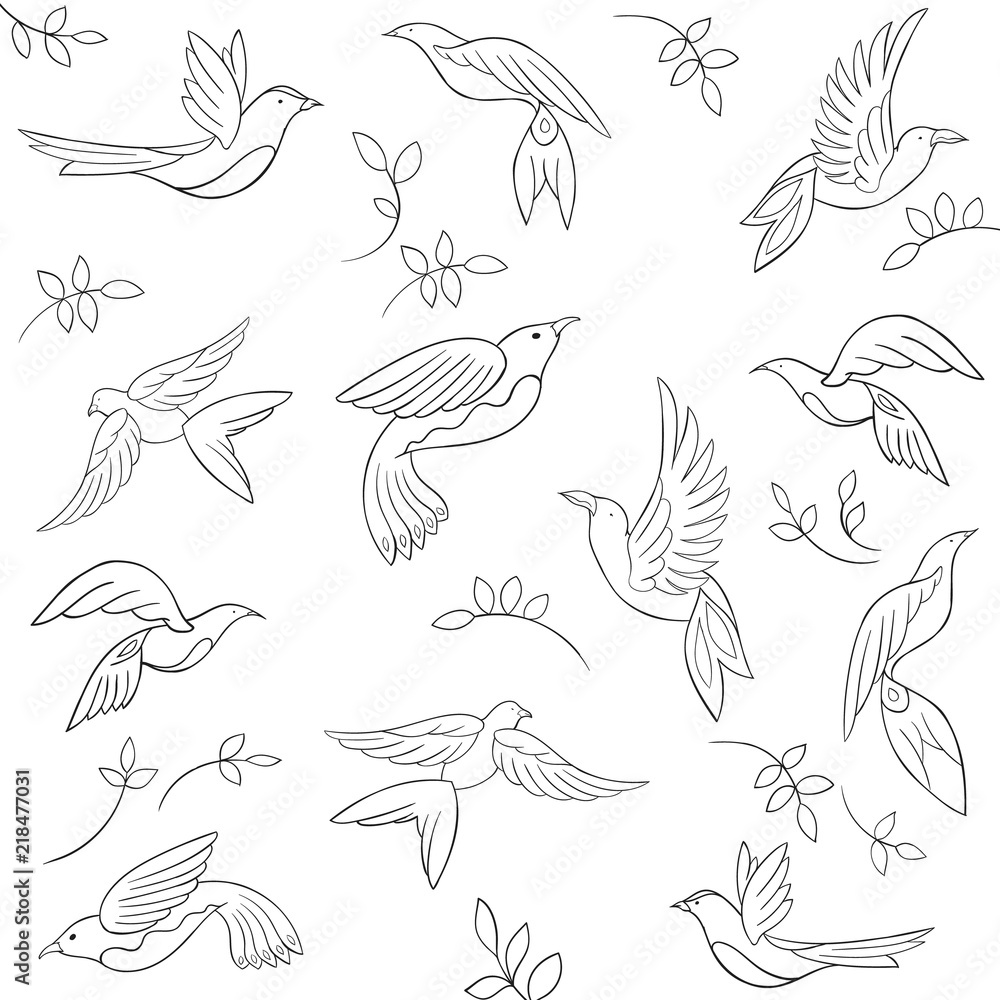 Obraz premium Seamless line pattern with little birds and leaves. Vector illustration.