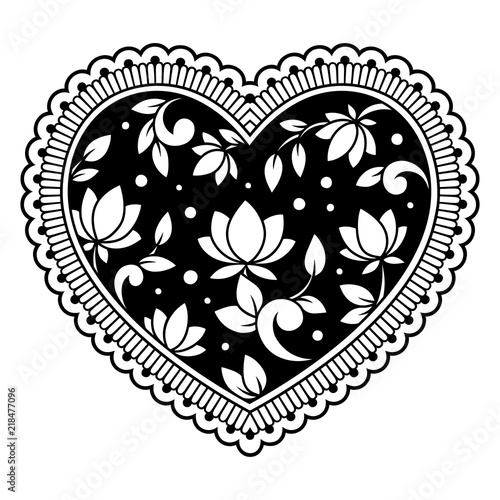 Mehndi flower pattern in form of heart with lotus for Henna drawing and tattoo. Decoration in ethnic oriental, Indian style.